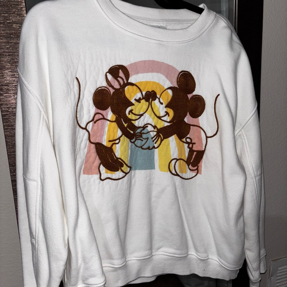 Disney Women's White Sweater with Mickey and Minnie Design